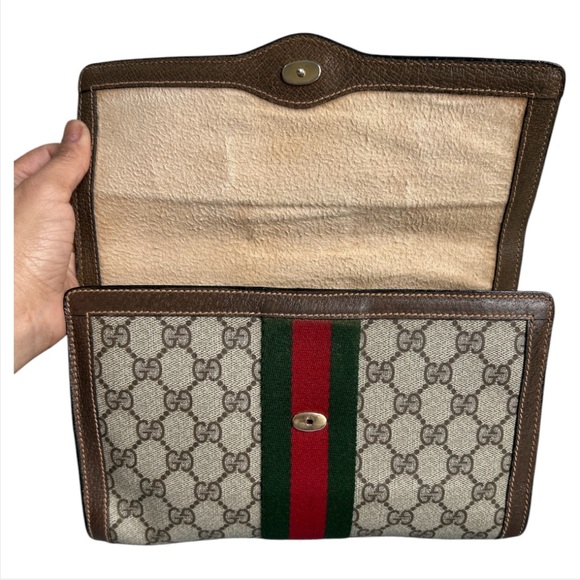 Vintage GUCCI PVC Leather Sherry Line Pouch Clutch Women’s Bag Brown Beige Used - Picture 7 of 17